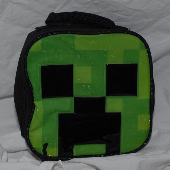 Minecraft Creeper Lunchbox 8x8x2” Insulated Square Tote Black Green EUC - Picture 3 of 5